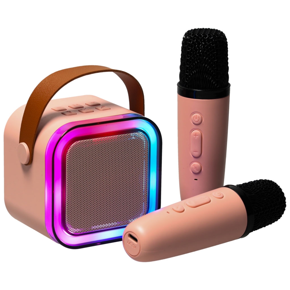 Karaokės rinkinys 2 mikrofonai + nešiojamas garsiakalbis BLUETOOTH USB LED rožinis-Žaislai, Muzikiniai-e-vaikas