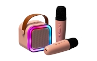 Karaokės rinkinys 2 mikrofonai + nešiojamas garsiakalbis BLUETOOTH USB LED rožinis-Žaislai, Muzikiniai-e-vaikas