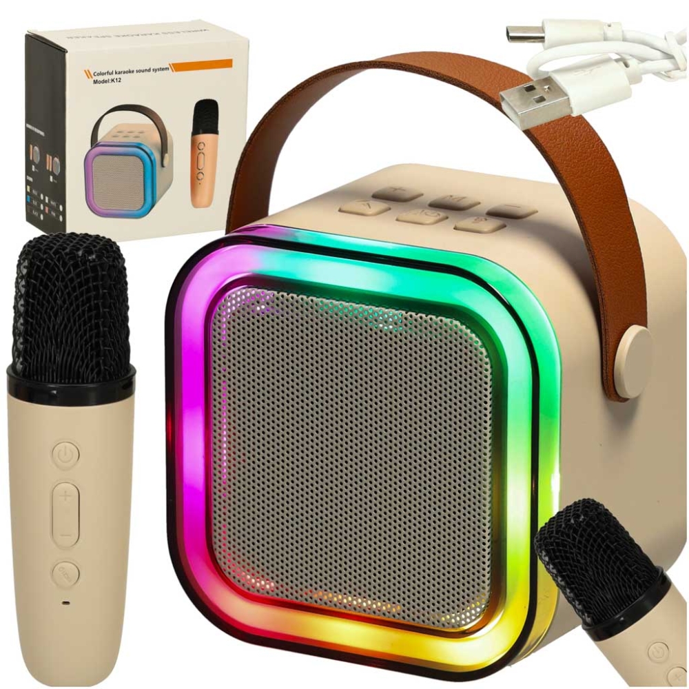 Karaokės rinkinys "Bluetooth" garsiakalbis mikrofonas USB LED smėlio spalvos