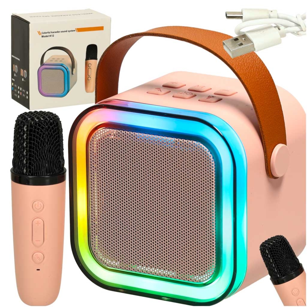Karaokės rinkinys Bluetooth garsiakalbis mikrofonas USB LED rožinis