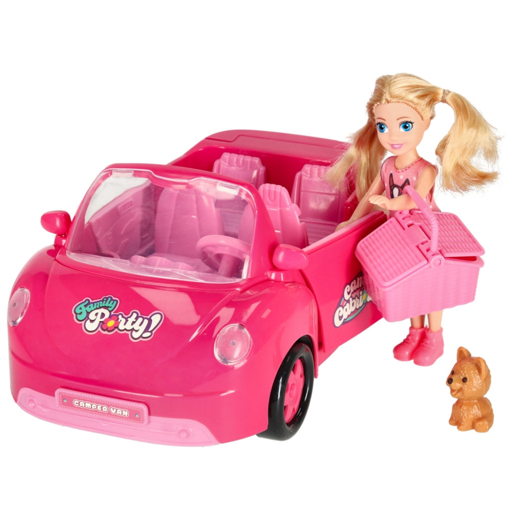 Lėlės automobilis kabrioletas pikniko rinkinys lėlė šuo rožinis 4 el.