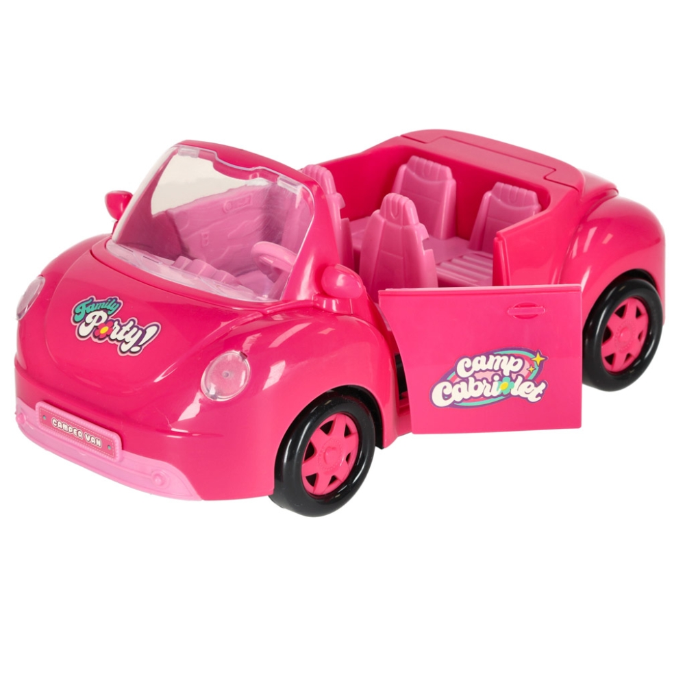 Lėlės automobilis kabrioletas pikniko rinkinys lėlė šuo rožinis 4 el.