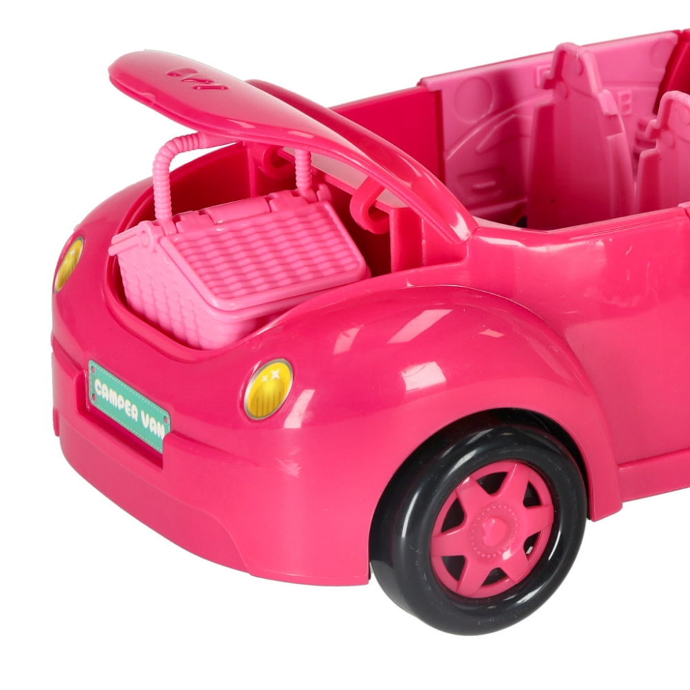 Lėlės automobilis kabrioletas pikniko rinkinys lėlė šuo rožinis 4 el.