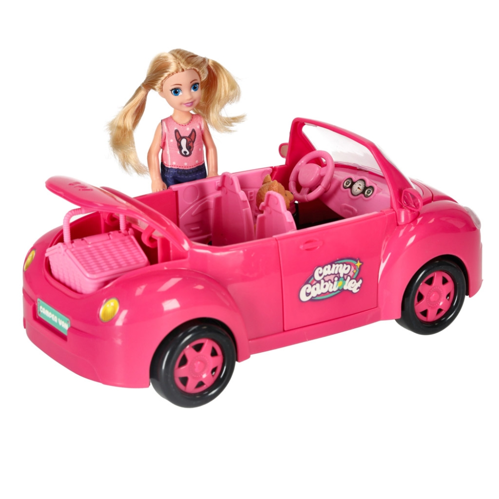 Lėlės automobilis kabrioletas pikniko rinkinys lėlė šuo rožinis 4 el.