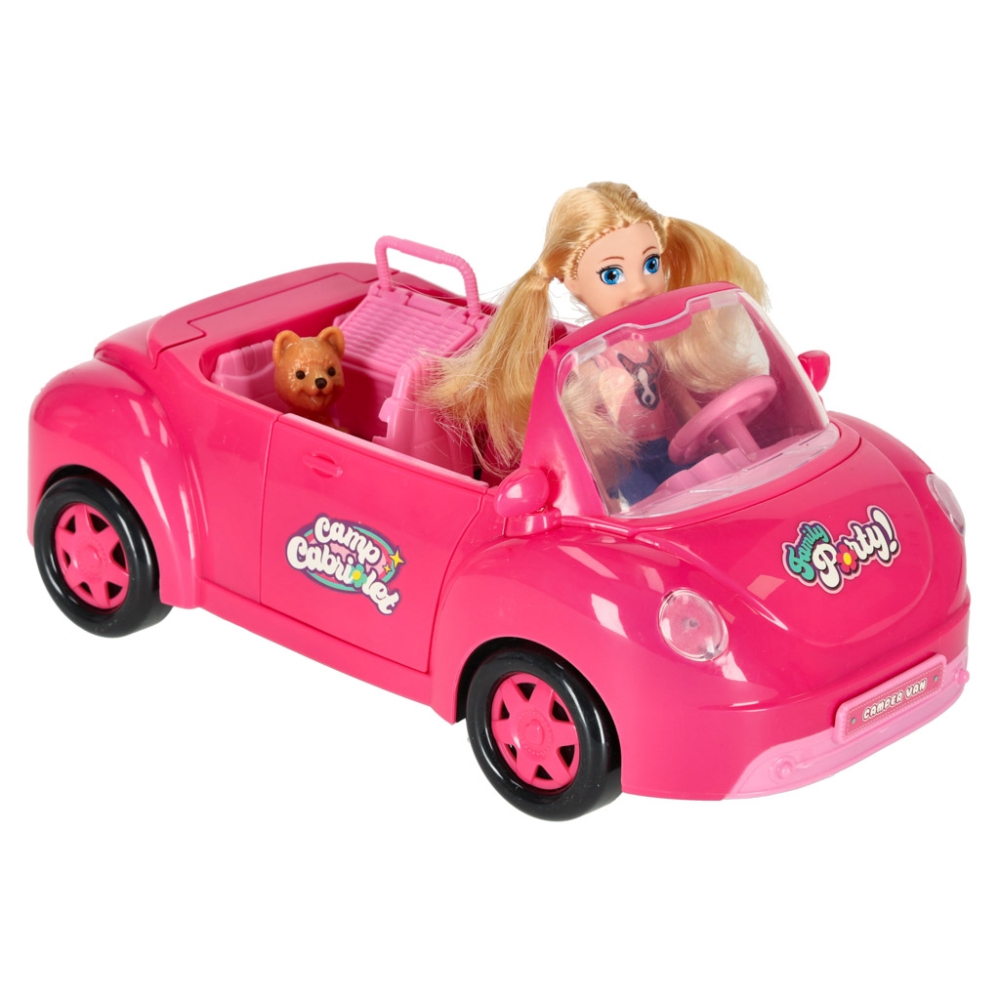 Lėlės automobilis kabrioletas pikniko rinkinys lėlė šuo rožinis 4 el.