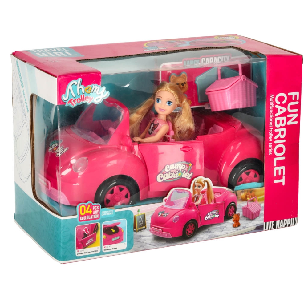 Lėlės automobilis kabrioletas pikniko rinkinys lėlė šuo rožinis 4 el.