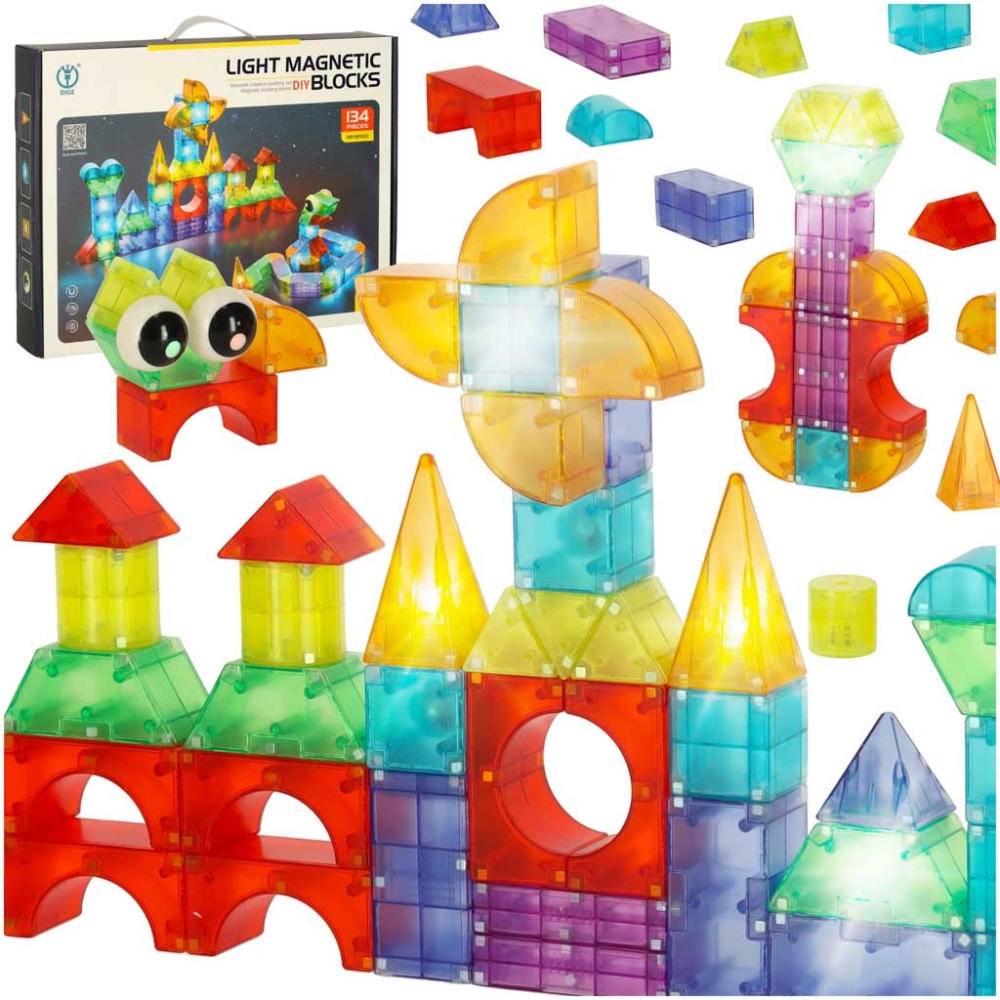 Magnetinės konstrukcijos plytos šviečiančios 3D figūros 134 el.