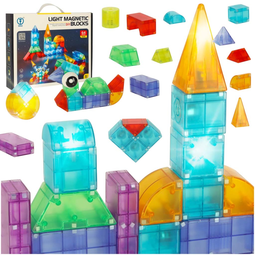 Magnetinis konstruktorius šviečiančios 3D figūros 64 el.-Žaislai, Konstruktoriai, Magnetiniai konstruktoriai-e-vaikas