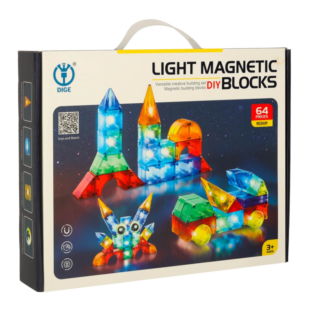 Magnetinis konstruktorius šviečiančios 3D figūros 64 el.-Žaislai, Konstruktoriai, Magnetiniai konstruktoriai-e-vaikas
