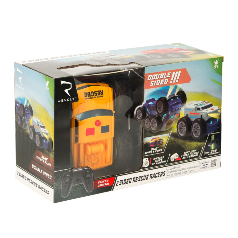 Nuotolinio valdymo automobilis "Revolt 2 Sided Rescue Racer mega transformacija 360 4WD sukimasis-Žaislai, Auto ir transporto ža