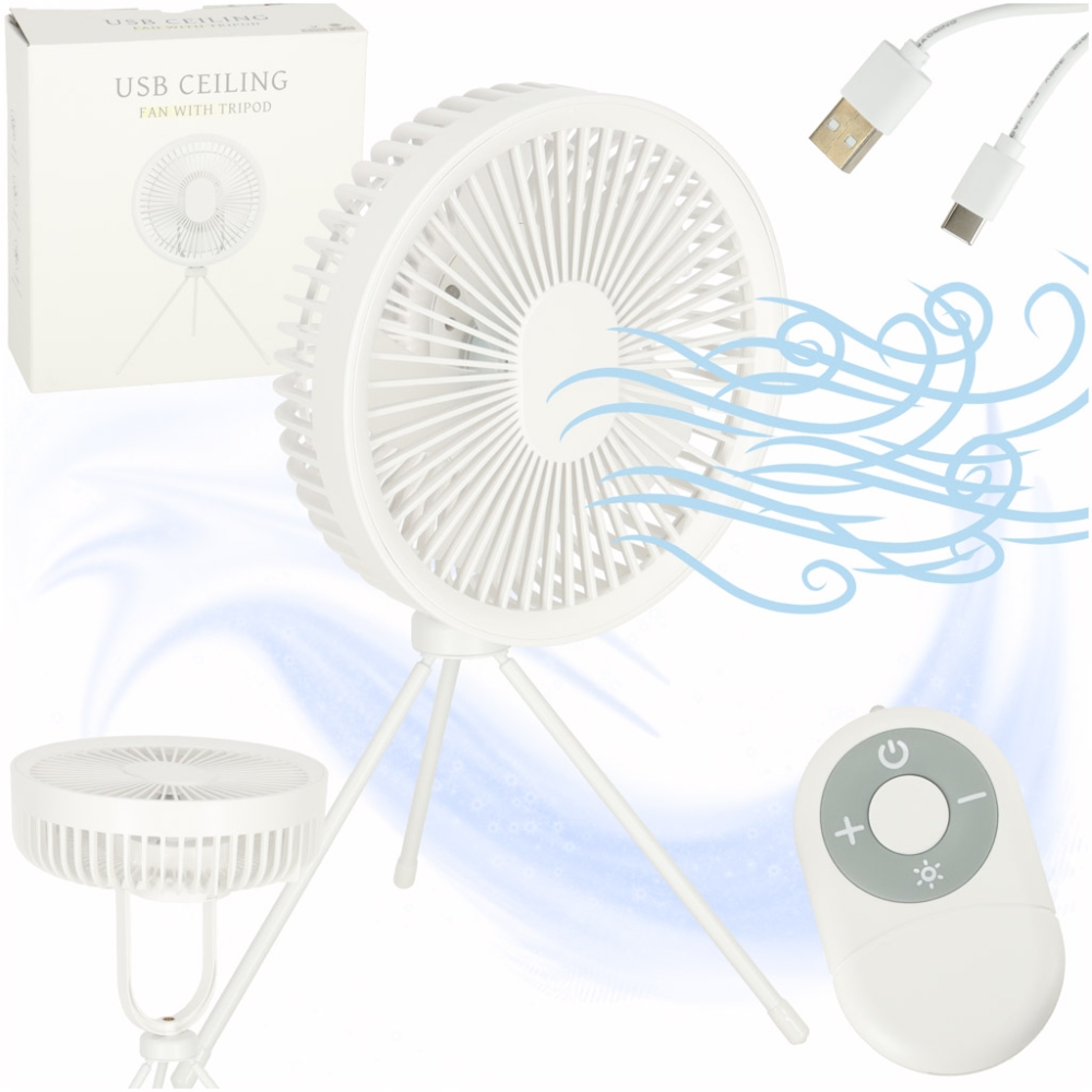 Stalinis ventiliatorius su belaidžiu USB nuotolinio valdymo pulteliu ir apšvietimu 4 galios lygiai 18 cm, baltas
