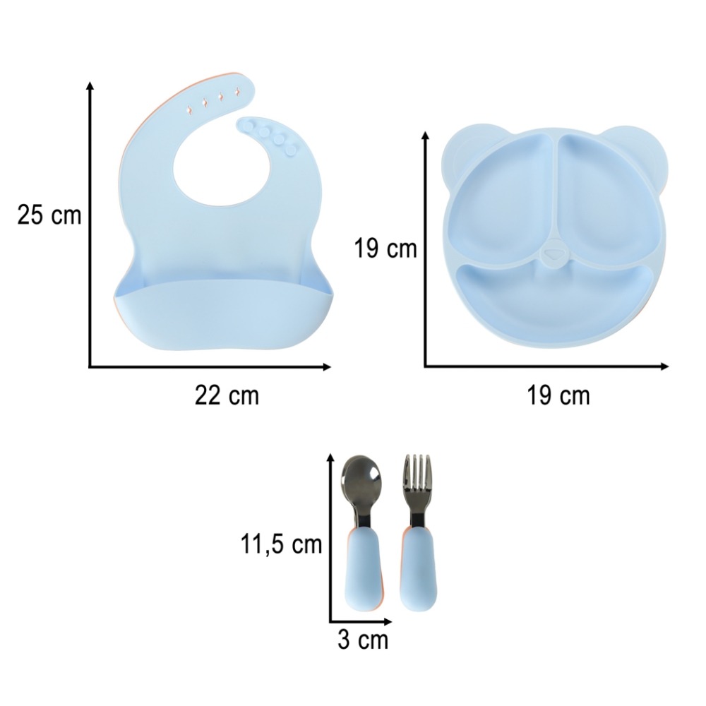 Kūdikių silikoniniai indai kūdikių stalo rinkinys 4 elementai meškiukas mėlynas