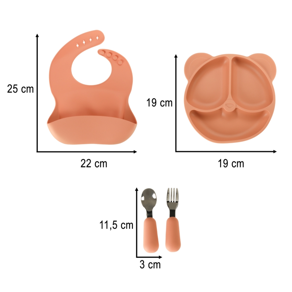 Silikoninių indų rinkinys 4 dalių Meškiukas, oranžinis-Maitinimui, Indai, įrankiai, gertuvės, Indų rinkiniai-e-vaikas
