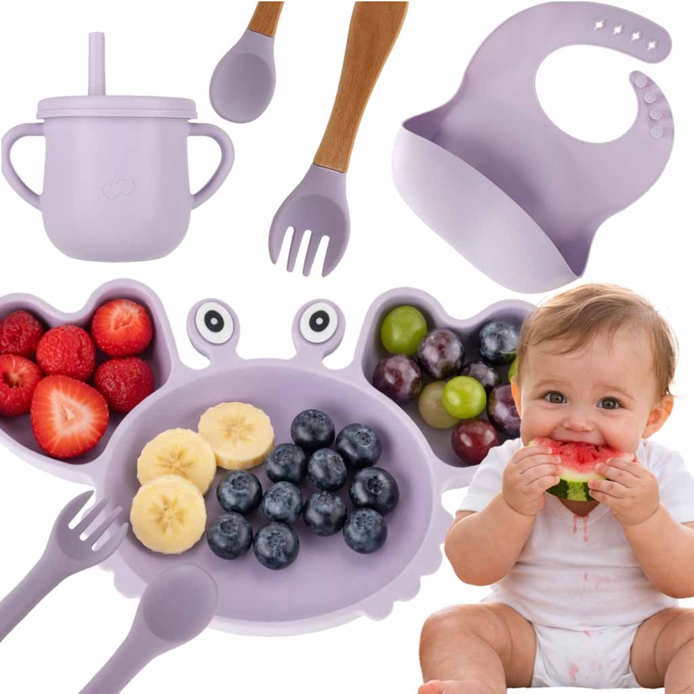 Silikoninių indų rinkinys Krabas 9 el., violetiniai-Maitinimui, Indai, įrankiai, gertuvės, Indų rinkiniai-e-vaikas