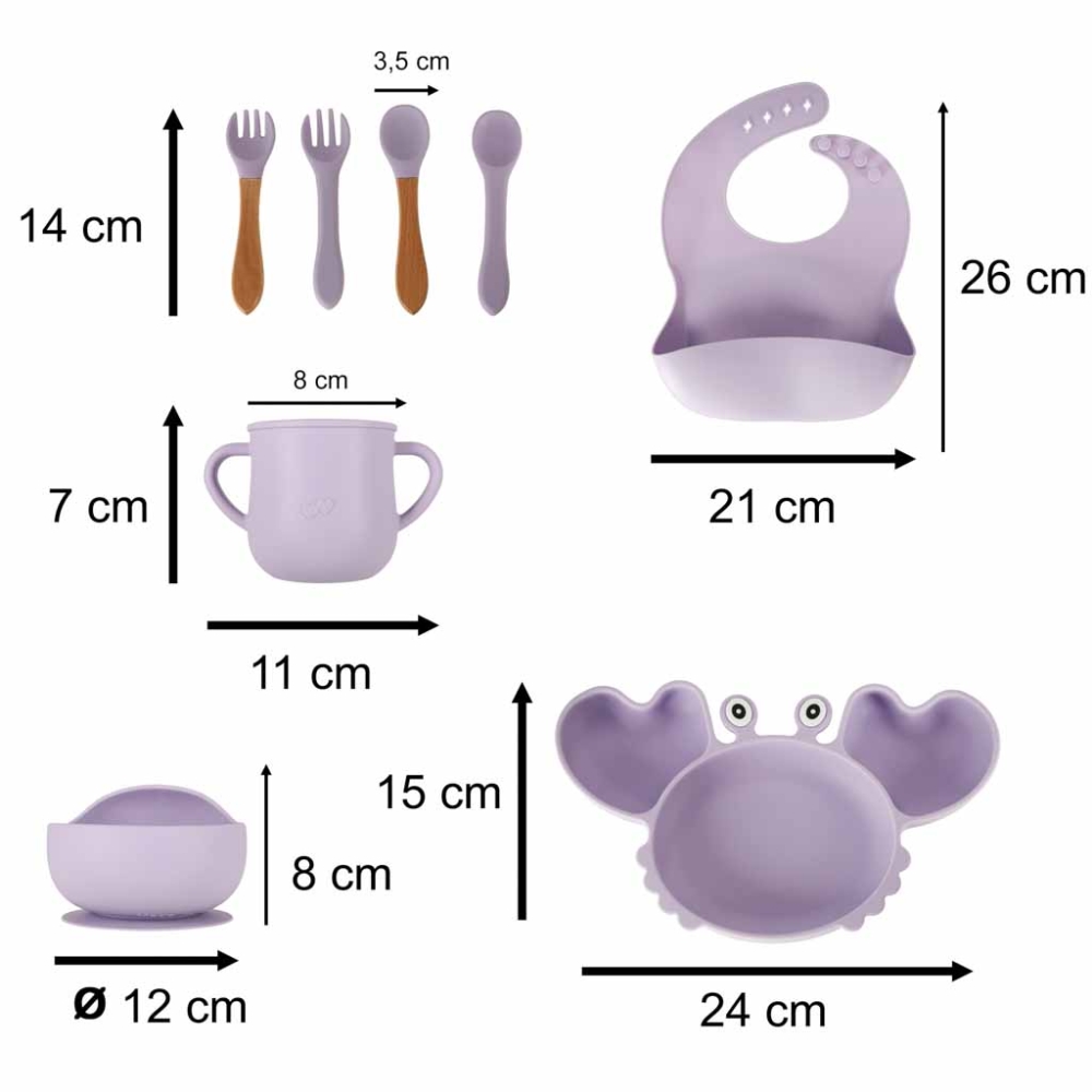 Silikoninių indų rinkinys Krabas 9 el., violetiniai-Maitinimui, Indai, įrankiai, gertuvės, Indų rinkiniai-e-vaikas