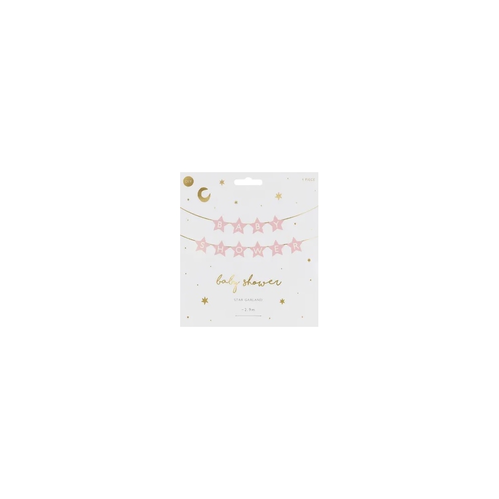 Žvaigždės formos girlianda su užrašu "Baby Shower" 290 cm x 16,5 cm, rožinis