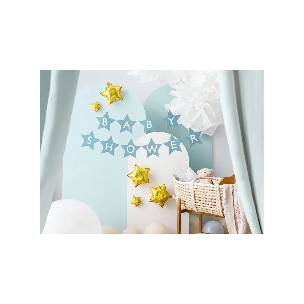 Žvaigždės formos girlianda su užrašu "Baby Shower" 290 cm x 16,5 cm, mėlyna