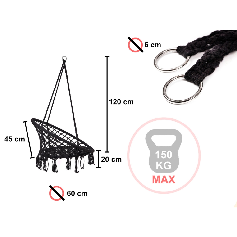 Sodo sūpynės su atlošu ir pagalvėle 80cm, juoda
