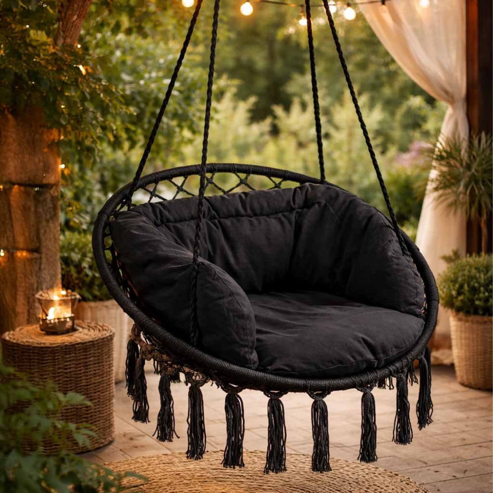 Sodo sūpynės su atlošu ir pagalvėle 80cm, juoda
