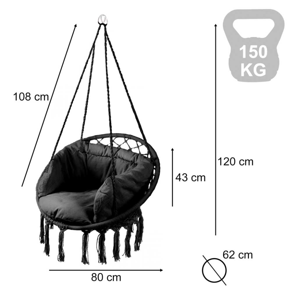 Erškėčių lizdas fotelis supynės su atlošu juodas 80cm + pagalvėlės