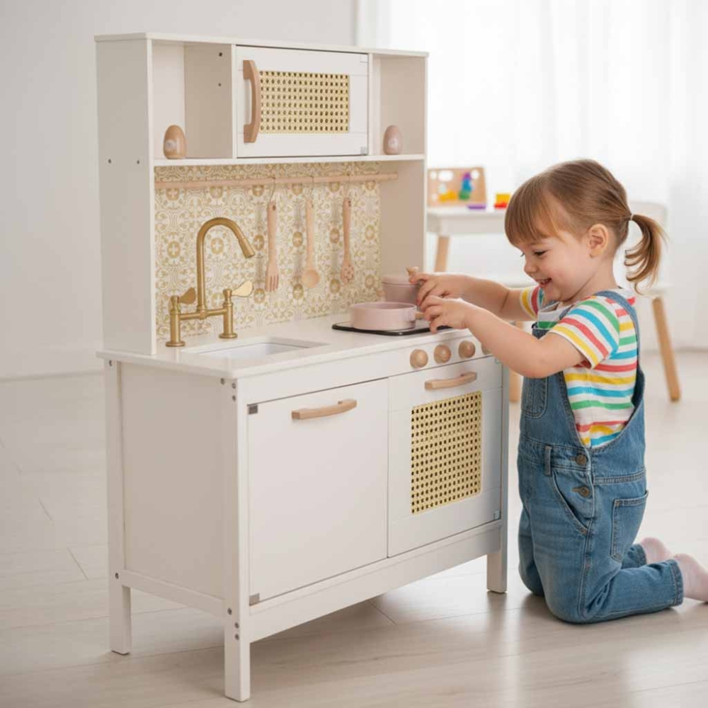 Vaikiška retro MDF medinė virtuvė su BOHO aksesuarais-Žaislai, Vaikiškos virtuvėlės-e-vaikas