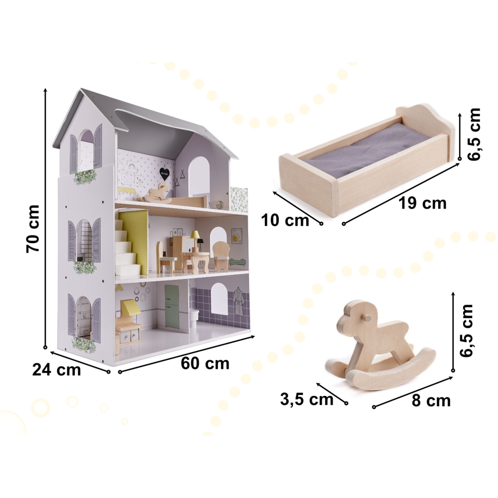 Medinis lėlių namelis + baldai 70cm pilkos spalvos-Žaislai, Lėlių namai ir baldai-e-vaikas