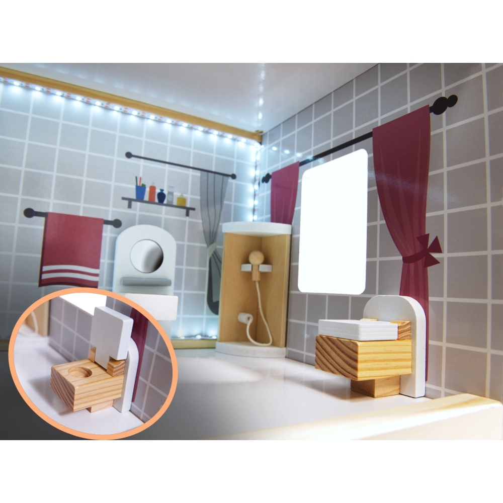 Medinis LED lėlių namelis MDF 78 cm + baldai juodas-Žaislai, Lėlių namai ir baldai-e-vaikas