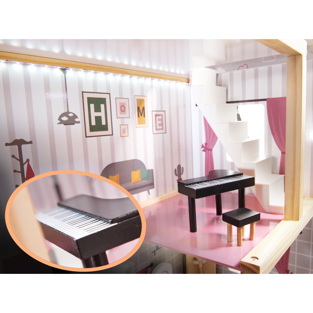 Medinis LED lėlių namelis MDF 78 cm + baldai juodas-Žaislai, Lėlių namai ir baldai-e-vaikas