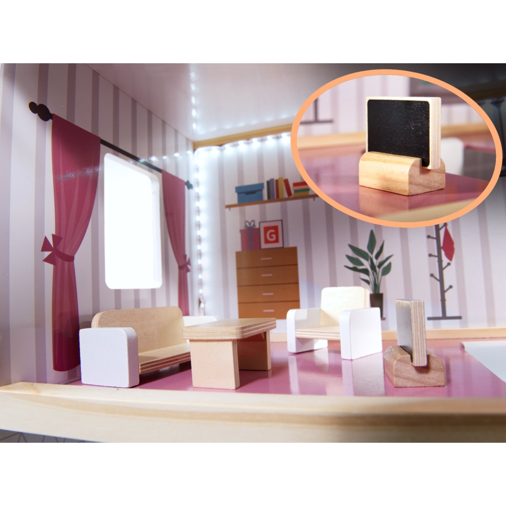 Medinis LED lėlių namelis MDF 78 cm + baldai juodas-Žaislai, Lėlių namai ir baldai-e-vaikas
