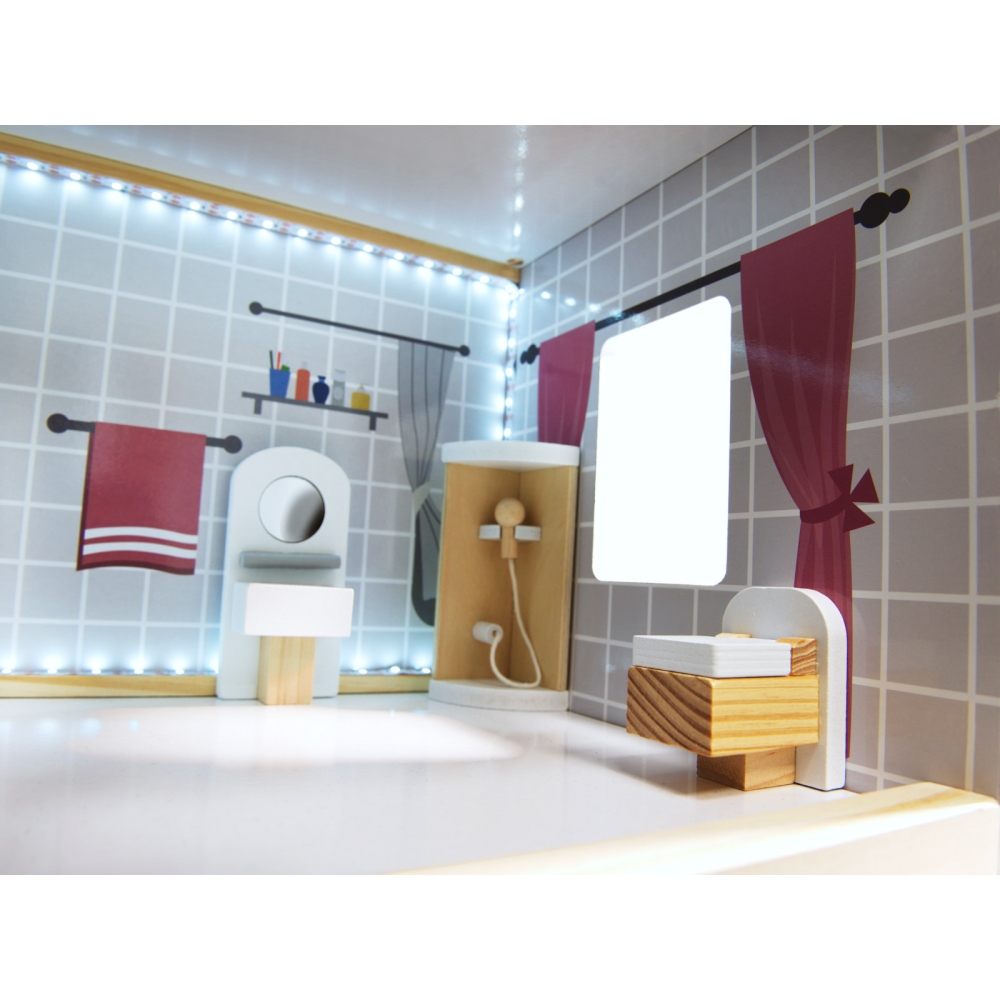 Medinis LED lėlių namelis MDF 78 cm + baldai juodas-Žaislai, Lėlių namai ir baldai-e-vaikas