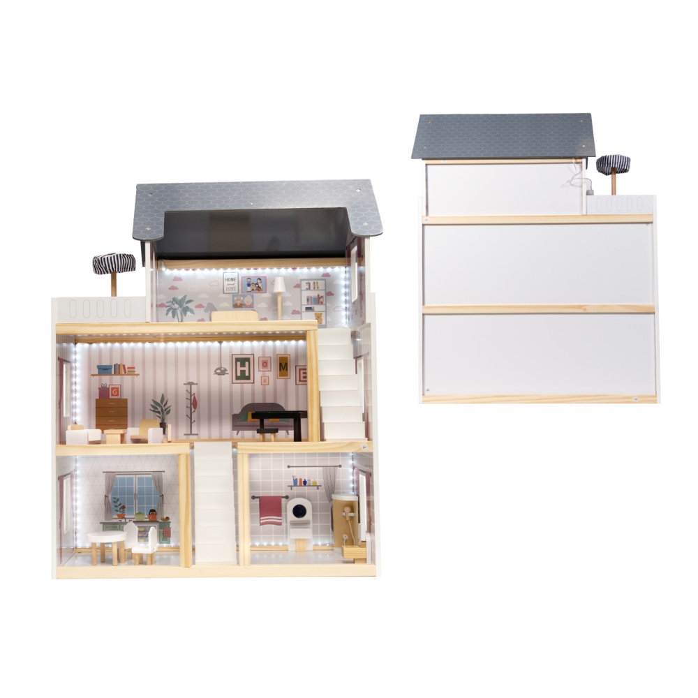 Medinis LED lėlių namelis MDF 78 cm + baldai juodas-Žaislai, Lėlių namai ir baldai-e-vaikas