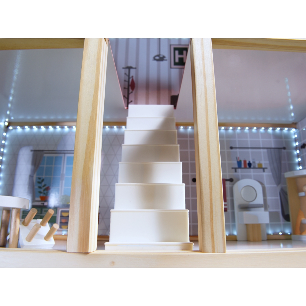 Medinis LED lėlių namelis MDF 78 cm + baldai juodas-Žaislai, Lėlių namai ir baldai-e-vaikas