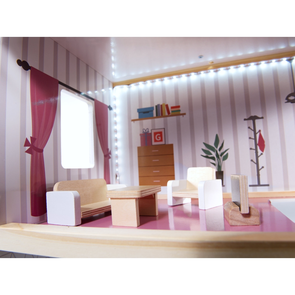 Medinis LED lėlių namelis MDF 78 cm + baldai juodas-Žaislai, Lėlių namai ir baldai-e-vaikas