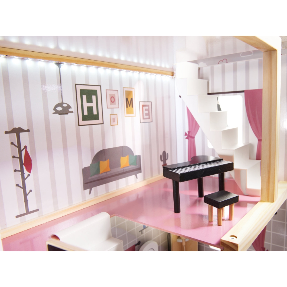 Medinis LED lėlių namelis MDF 78 cm + baldai juodas-Žaislai, Lėlių namai ir baldai-e-vaikas