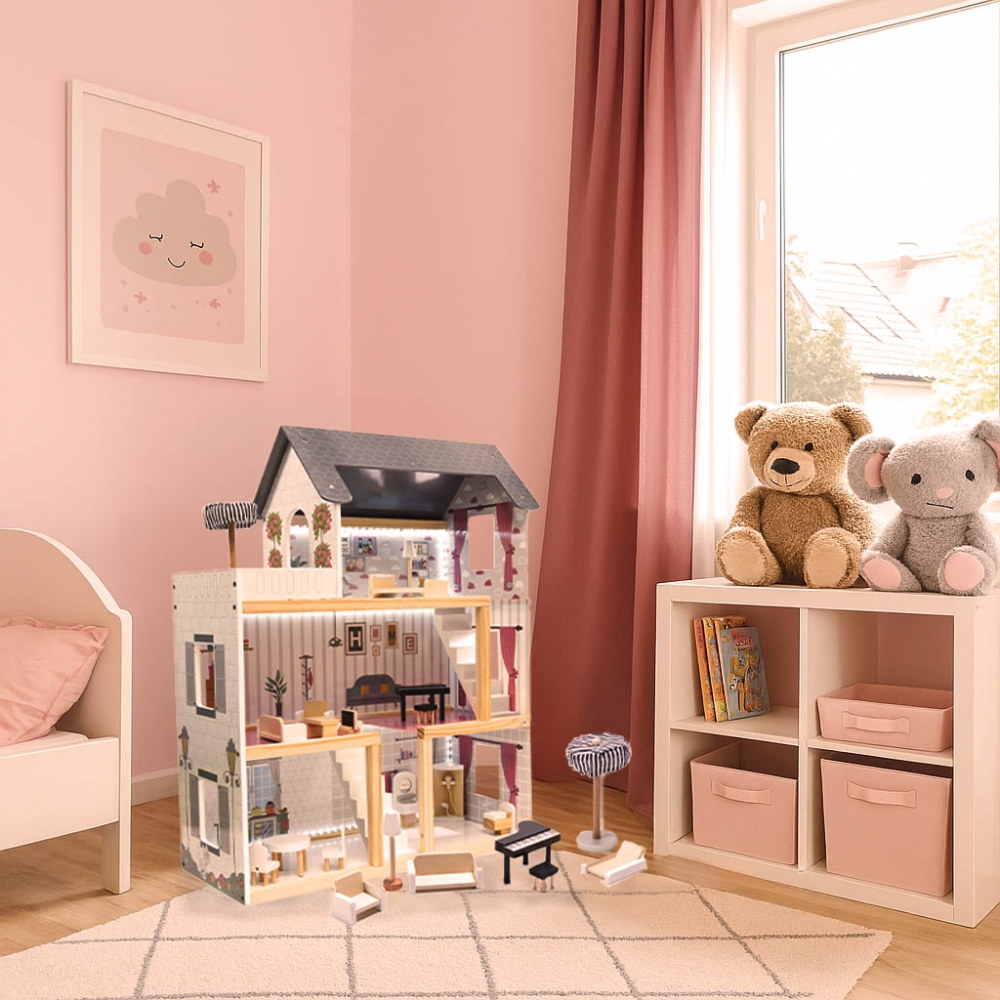 Medinis LED lėlių namelis MDF 78 cm + baldai juodas-Žaislai, Lėlių namai ir baldai-e-vaikas
