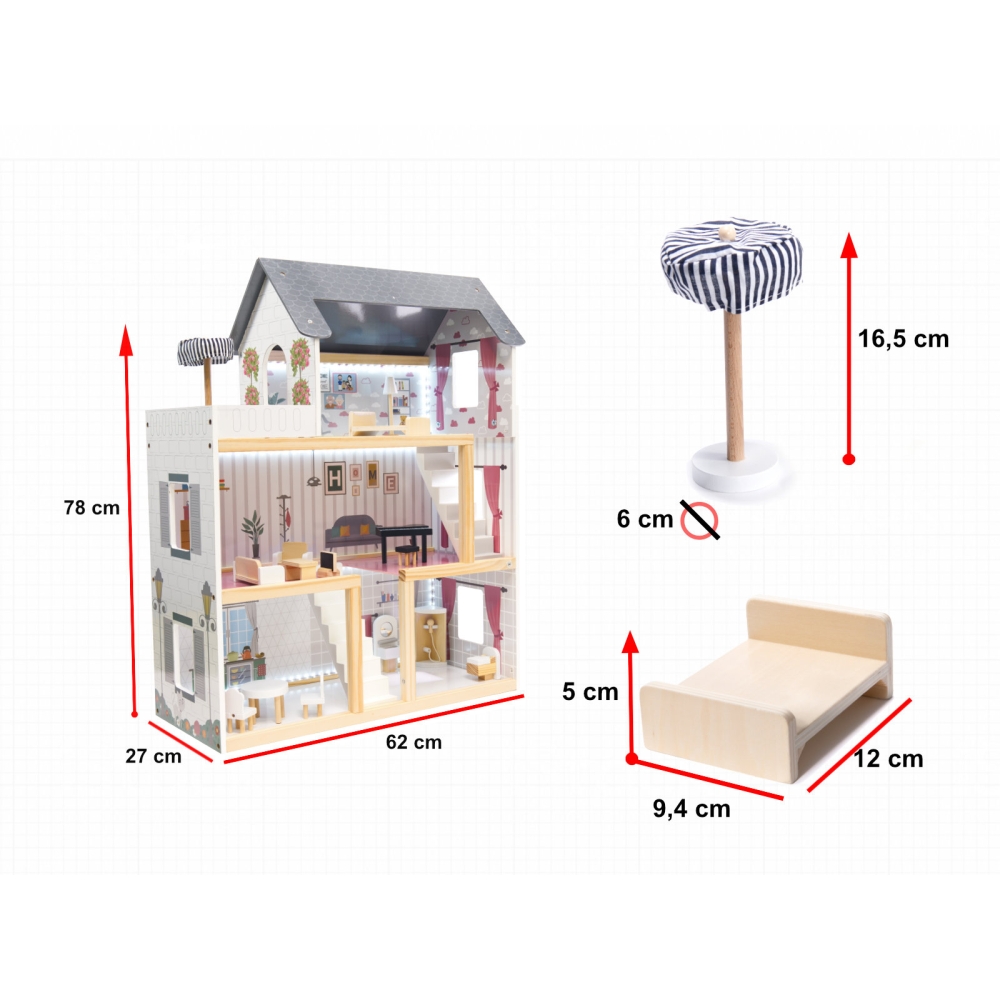 Medinis LED lėlių namelis MDF 78 cm + baldai juodas-Žaislai, Lėlių namai ir baldai-e-vaikas