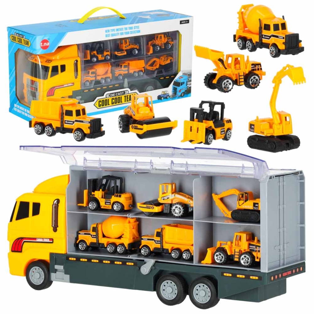 Transporterio sunkvežimis TIR paleidimo įrenginys + metaliniai automobiliai statybinės mašinos-Žaislai, Auto ir transporto žaisl