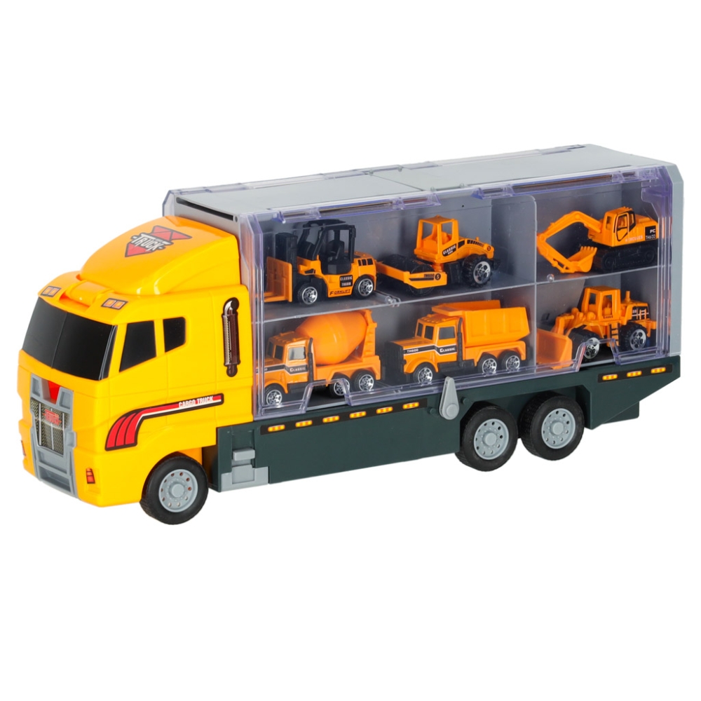 Transporterio sunkvežimis TIR paleidimo įrenginys + metaliniai automobiliai statybinės mašinos-Žaislai, Auto ir transporto žaisl