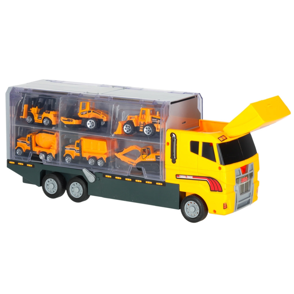 Transporterio sunkvežimis TIR paleidimo įrenginys + metaliniai automobiliai statybinės mašinos
