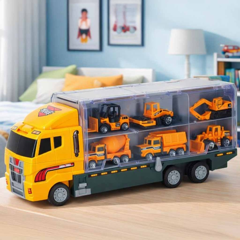 Transporterio sunkvežimis TIR paleidimo įrenginys + metaliniai automobiliai statybinės mašinos-Žaislai, Auto ir transporto žaisl