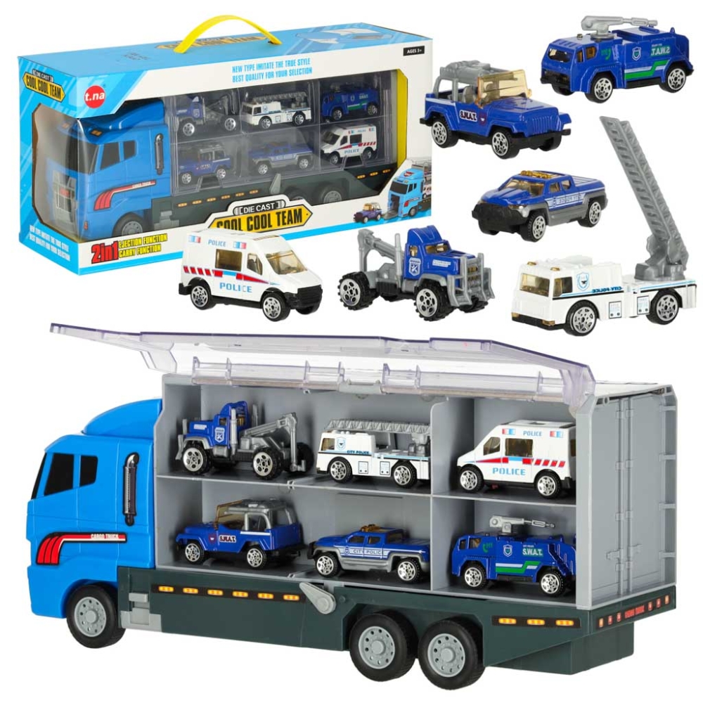 Transporterio sunkvežimis TIR paleidimo įrenginys + metaliniai policijos automobiliai-Žaislai, Auto ir transporto žaislai, Garaž