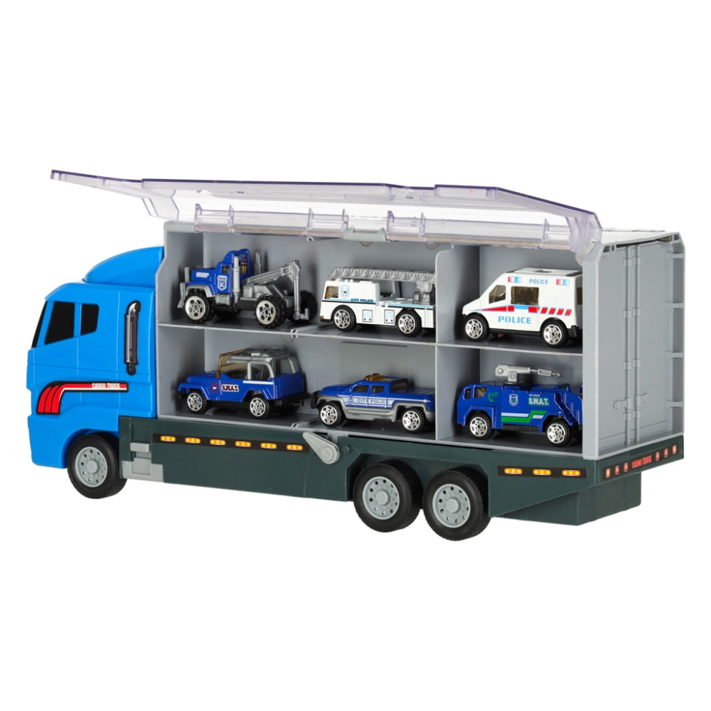 Transporterio sunkvežimis TIR paleidimo įrenginys + metaliniai policijos automobiliai