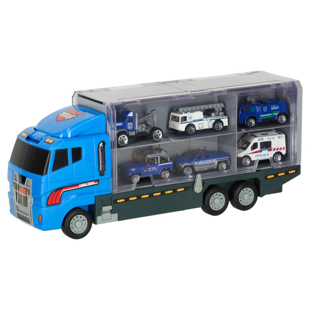 Transporterio sunkvežimis TIR paleidimo įrenginys + metaliniai policijos automobiliai