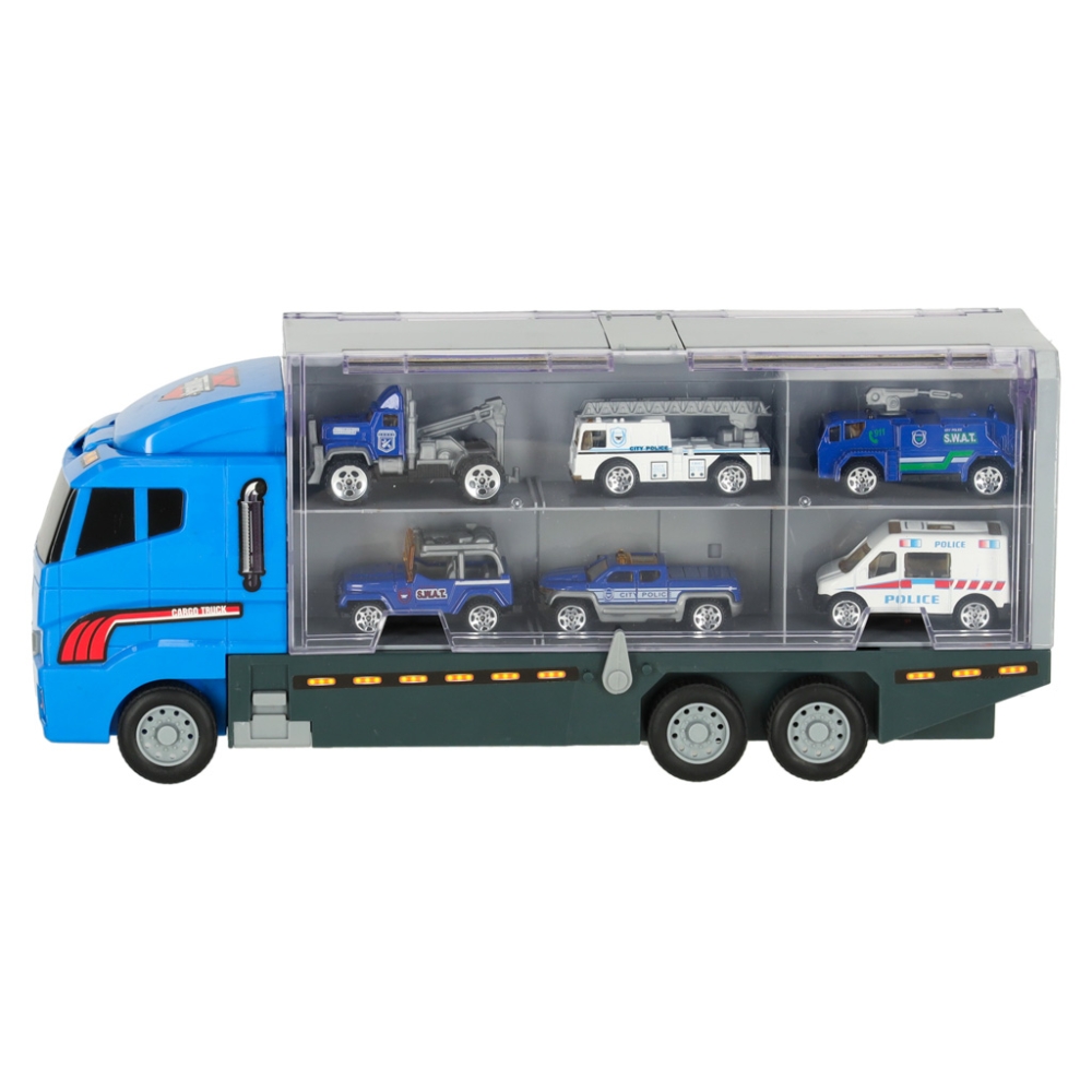 Transporterio sunkvežimis TIR paleidimo įrenginys + metaliniai policijos automobiliai