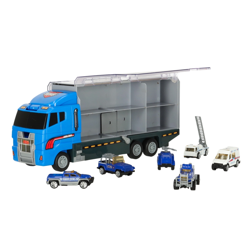 Transporterio sunkvežimis TIR paleidimo įrenginys + metaliniai policijos automobiliai