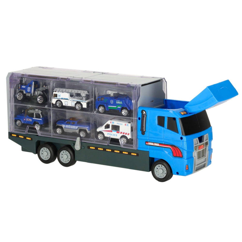 Transporterio sunkvežimis TIR paleidimo įrenginys + metaliniai policijos automobiliai