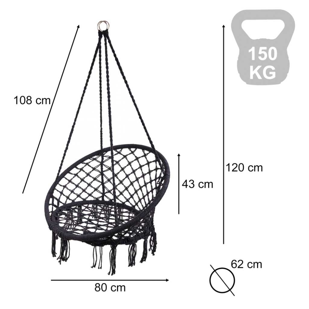 Erškėčių lizdas fotelis supynės su atlošu juodas 80cm
