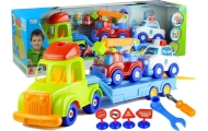 Set of vehicles Police Fire Engine Auto Transport Trailer Unscrewing