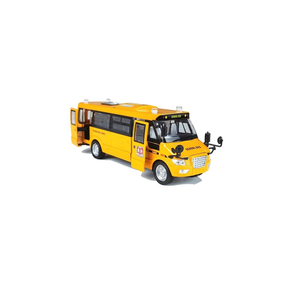 Metalinis mokyklinis autobusas su ištemptu varikliu