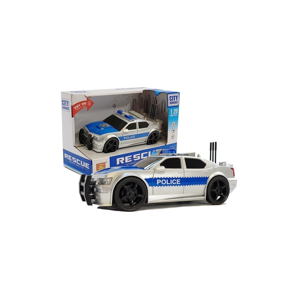 Akumuliatorinis policijos automobilis 1:20 su šviesomis ir garsais bei sidabriniu traukimu-Žaislai, Auto ir transporto žaislai, 